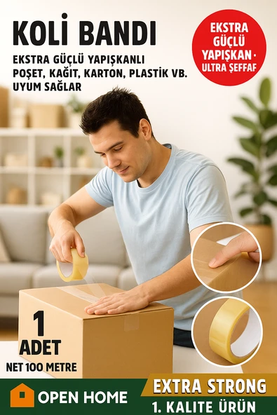 Open Home 100 Metre Şeffaf Koli Bandı – Extra Strong 40 Micron Kalınlık, Güçlü Yapışkan