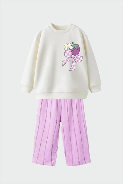 Cg Kids Mor Eşofman Detaylı Çilek baskı temalı Kız Çocuk 3 iplik Alt Üst Takım Süper Kalite Kumaş - 2