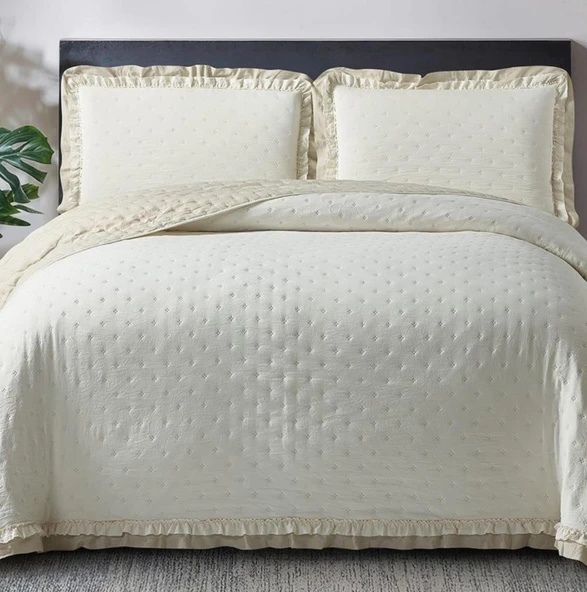 KAPİTONELİ YATAK ÖRTÜSÜ ÇİFT KİŞİLİK LİZBON KREM - Resim 2