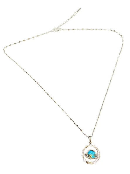 Gümüş Renk Parlak ve Şık 316L Çelik VIP Mavi Taşlı Gezegen Model Kadın Kolye - Göz Alıcı Şık Tasarım ürün görseli 1