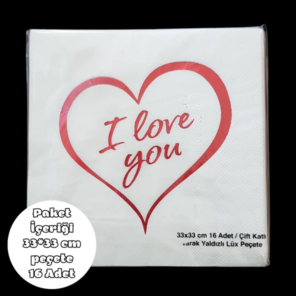 I Love You Metalik Kırmızı Baskılı Peçete 33*33 cm 16 Adet ürün görseli 1
