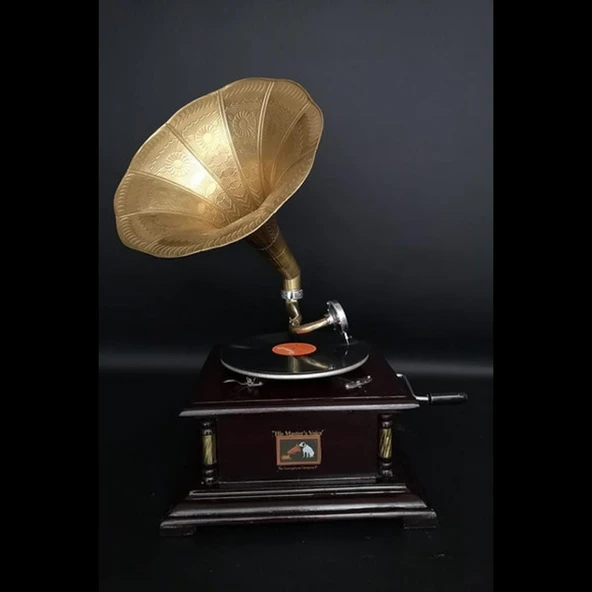 Gramofon Plakçalar Ahşap Kare Köşeleri Bronz İşli Kurmalı ASIG501 - Resim 2