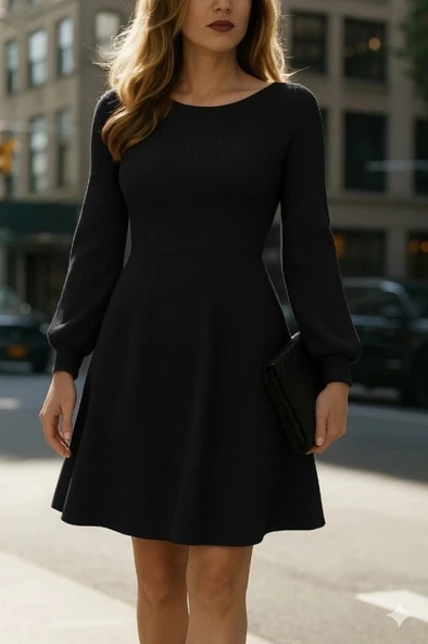 MDB Kadın Uzun Kollu Kayık Yaka Kısa Triko Elbise ürün görseli 1