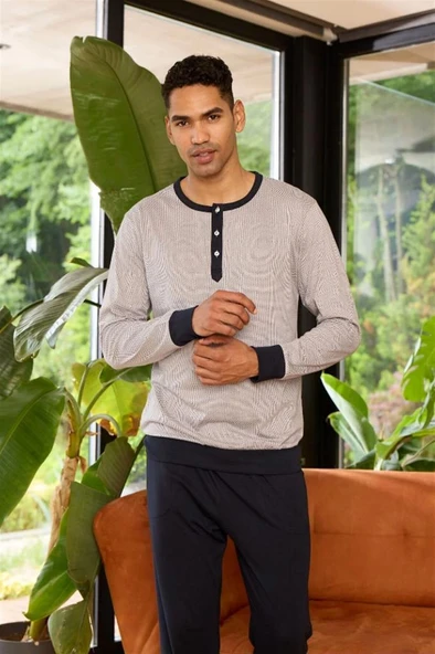 Kly Patlı Sıfır Yaka Paçası Bilekli Uzun Kol Erkek Pijama Takım - Resim 3