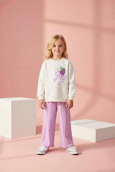 Cg Kids Mor Eşofman Detaylı Çilek baskı temalı Kız Çocuk 3 iplik Alt Üst Takım Süper Kalite Kumaş