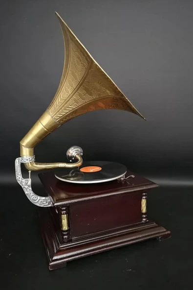 Gramofon Plakçalar Ahşap Kare Köşeleri Bronz İşli Kurmalı ASIG501 - Resim 9
