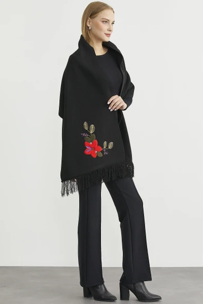 Düz Renk Nakışlı Triko Atkı - Siyah - Resim 4