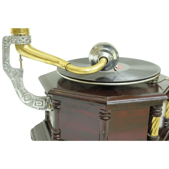 Gramofon Nostaljik Ahşap Sekizgen Köşeleri Bronz İşli Plakçalar ASIG523 - Resim 5