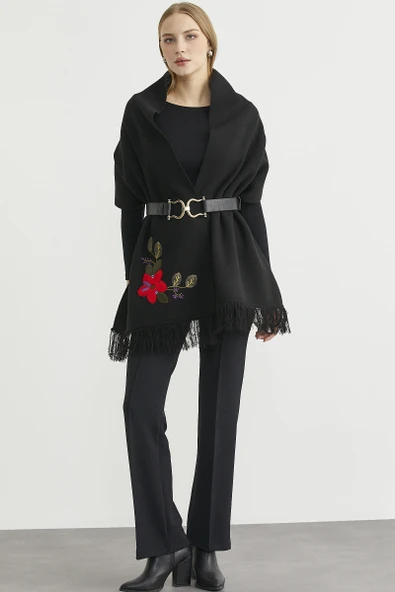 Düz Renk Nakışlı Triko Atkı - Siyah ürün görseli 1