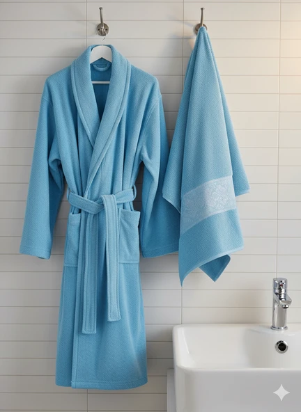 BELİNİS %PAMUK BORNOZ SET 1ADET BORNOZ 1ADET  HAVLU RENK: maviİ