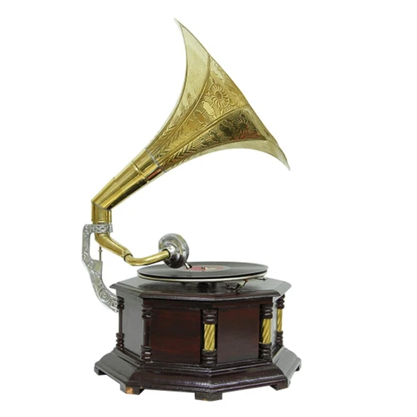 Gramofon Nostaljik Ahşap Sekizgen Köşeleri Bronz İşli Plakçalar ASIG523 - Resim 2