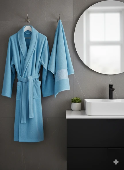 BELİNİS %PAMUK BORNOZ SET 1ADET BORNOZ 1ADET  HAVLU RENK: maviİ - 2