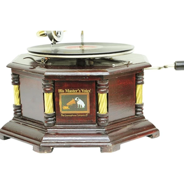 Gramofon Nostaljik Ahşap Sekizgen Köşeleri Bronz İşli Plakçalar ASIG523 - Resim 4