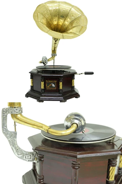 Gramofon Nostaljik Ahşap Sekizgen Köşeleri Bronz İşli Plakçalar ASIG523 - Resim 9