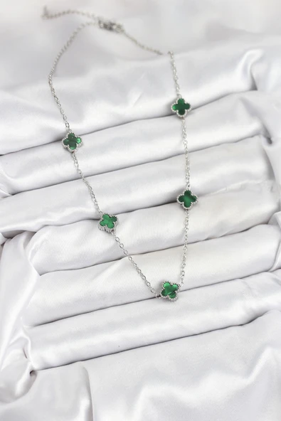 316L Çelik Zincir Gümüş Renk Yeşil Baby Boy Yonca Kadın Kolye - TJ-BKO10578 - Resim 2