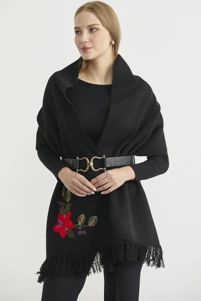 Düz Renk Nakışlı Triko Atkı - Siyah - Resim 3