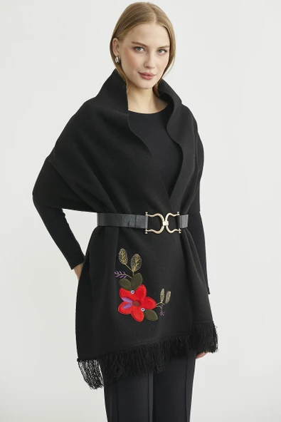 Düz Renk Nakışlı Triko Atkı - Siyah - Resim 2