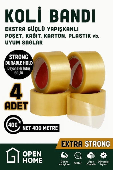 4 Adet - 100 Metre Şeffaf Koli Bandı – Extra Strong 40 Micron Kalınlık, Güçlü Yapışkan