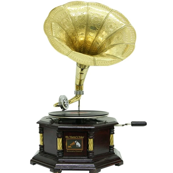 Gramofon Nostaljik Ahşap Sekizgen Köşeleri Bronz İşli Plakçalar ASIG523 ürün görseli
