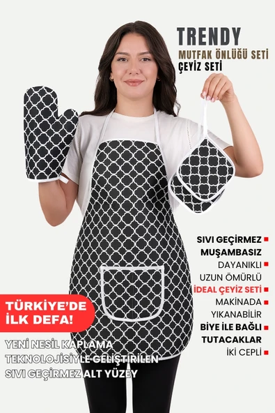 Trendy 3lü Set Sıvı Su Geçirmez Mutfak Önlüğü Isıya Dayanıklı Fırın Eldiveni Ve Tutacak Çeyiz Seti