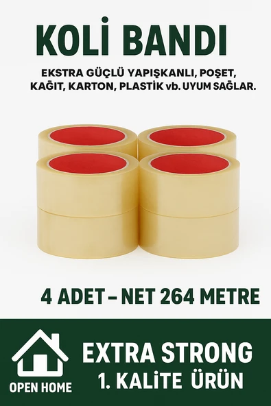 4 Adet-264 Metre Şeffaf Koli Bandı – Extra Strong 40 Micron Kalınlık, Güçlü Yapışkan