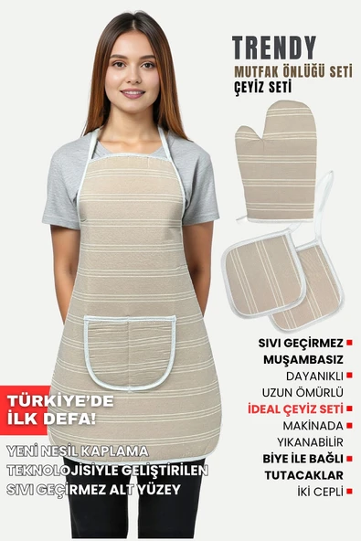 Trendy 3lü Set Sıvı Su Geçirmez Mutfak Önlüğü Isıya Dayanıklı Fırın Eldiveni Ve Tutacak Çeyiz Seti - 4