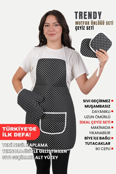 Trendy 3lü Set Sıvı Su Geçirmez Mutfak Önlüğü Isıya Dayanıklı Fırın Eldiveni Ve Tutacak Çeyiz Seti - 2