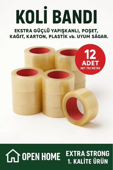 12 Adet-792 Metre Şeffaf Koli Bandı – Extra Strong 40 Micron Kalınlık, Güçlü Yapışkan