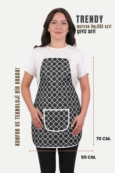 Trendy 3lü Set Sıvı Su Geçirmez Mutfak Önlüğü Isıya Dayanıklı Fırın Eldiveni Ve Tutacak Çeyiz Seti - 12