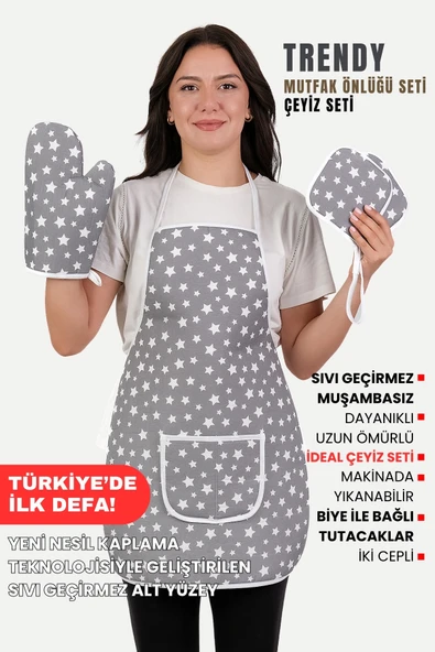 Trendy 3lü Set Sıvı Su Geçirmez Mutfak Önlüğü Isıya Dayanıklı Fırın Eldiveni Ve Tutacak Çeyiz Seti - 3