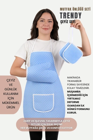 Trendy 3lü Set Sıvı Su Geçirmez Mutfak Önlüğü Isıya Dayanıklı Fırın Eldiveni Ve Tutacak Çeyiz Seti - 7