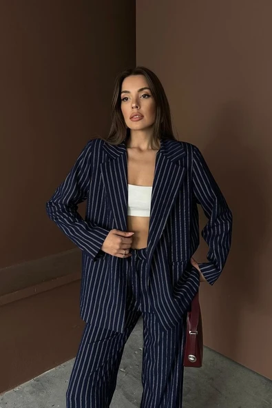 Lacivert Çizgili Ceket Ve Pantolon Takım - Resim 4