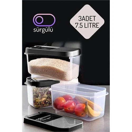Erzak Bakliyat Saklama Kabı 3 lü Set 7.5 Lt Antrasit ürün görseli