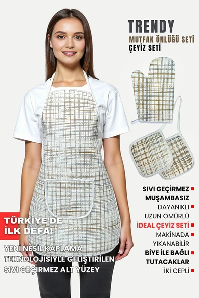 Trendy 3lü Set Sıvı Su Geçirmez Mutfak Önlüğü Isıya Dayanıklı Fırın Eldiveni Ve Tutacak Çeyiz Seti - 5