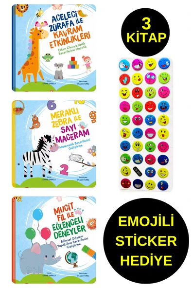 EMOJİLİ  STİCKER HEDİYE  - OKUL ÖNCESİ RESİMLİ KİTAPLAR - ACELECİ ZÜRAFA - MERAKLI ZEBRA - MUCİT FİL ürün görseli
