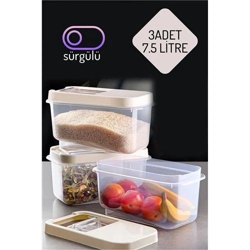 Erzak Bakliyat Saklama Kabı 3 lü Set 7.5 Lt Krem ürün görseli