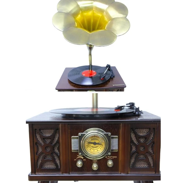 Gramofon Ahşap Standlı Plakçalar Radyo Bluetooth Usb Pikap CW004 - Resim 4