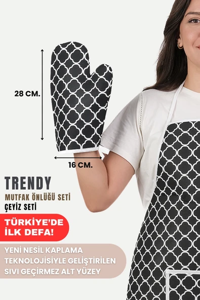 Trendy 3lü Set Sıvı Su Geçirmez Mutfak Önlüğü Isıya Dayanıklı Fırın Eldiveni Ve Tutacak Çeyiz Seti - 9