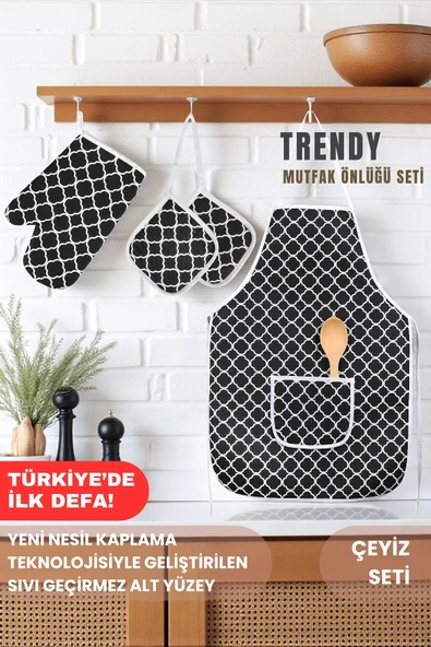 Trendy 3lü Set Sıvı Su Geçirmez Mutfak Önlüğü Isıya Dayanıklı Fırın Eldiveni Ve Tutacak Çeyiz Seti - 8