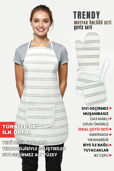 Trendy 3lü Set Sıvı Su Geçirmez Mutfak Önlüğü Isıya Dayanıklı Fırın Eldiveni Ve Tutacak Çeyiz Seti - 6