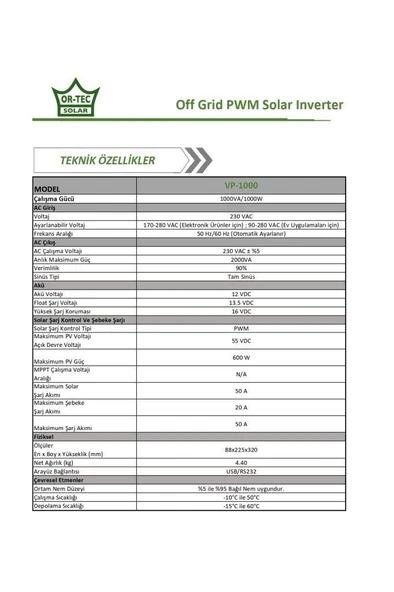 Ortec Solar 12V 1Kw/1000VA PWM Tam Sinüs Akıllı İnverter - Resim 4
