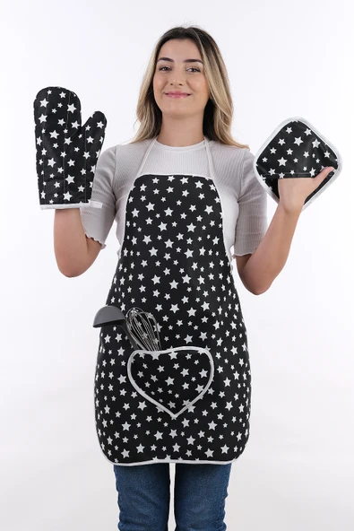 Trendy 3lü Set Sıvı Su Geçirmez Mutfak Önlüğü Isıya Dayanıklı Fırın Eldiveni Ve Tutacak Çeyiz Seti - 10