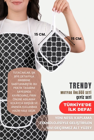 Trendy 3lü Set Sıvı Su Geçirmez Mutfak Önlüğü Isıya Dayanıklı Fırın Eldiveni Ve Tutacak Çeyiz Seti - 10
