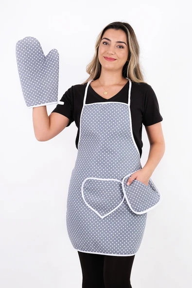 Trendy 3lü Set Sıvı Su Geçirmez Mutfak Önlüğü Isıya Dayanıklı Fırın Eldiveni Ve Tutacak Çeyiz Seti - 12