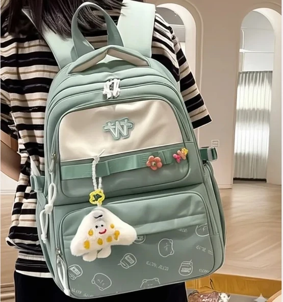 3 LÜ SET Yeni Öğrenci Sırt Okul Çantası Basit Kore Tarzı Kadın Seyahat Çantası YEŞİL - Resim 2