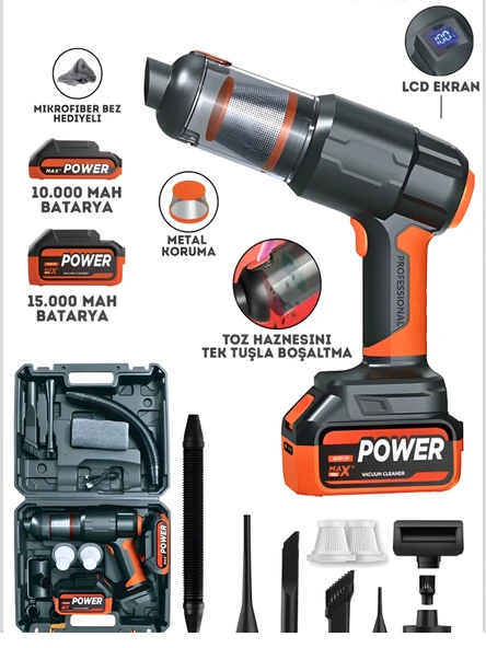 20000Pa Güçlü Emişli Çift Bataryalı Dijital Göstergeli Kablosuz Vakumlu Üflemeli Araç Süpürgesi ürün görseli 1