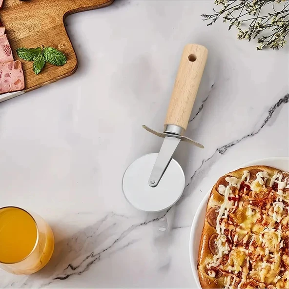MyBru Paslanmaz Çelik Ahşap Saplı Pizza ve Hamur Kesici (Büyük Boy) - Resim 2