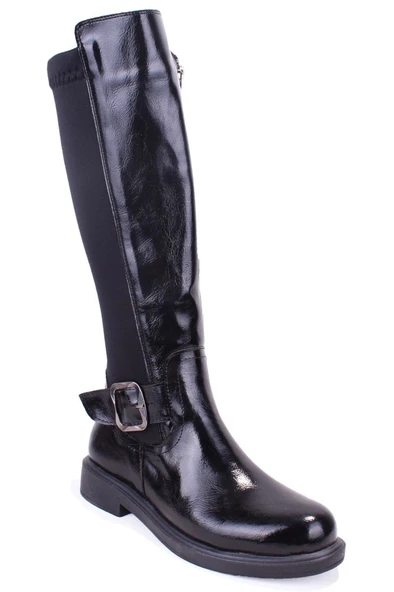 Dagoster DZA07-8965545 Siyah Kırışık Rugan Streçli Düz Topuklu  Kadın Çizme ürün görseli