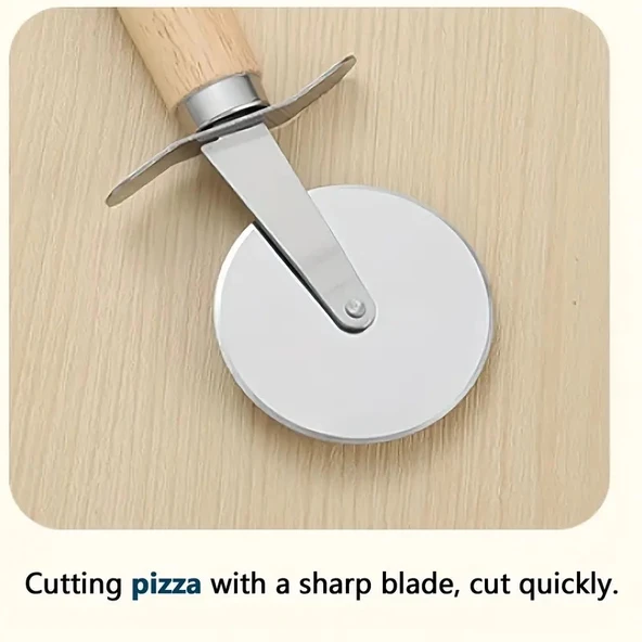 MyBru Paslanmaz Çelik Ahşap Saplı Pizza ve Hamur Kesici (Büyük Boy) - Resim 3