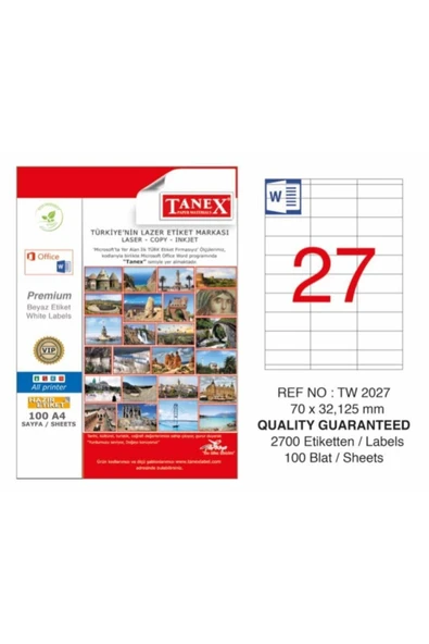 Tanex Tw-2027 Laser Etiket 70x32,125 Mm 1 A4 Sayfada 27 etiket ürün görseli